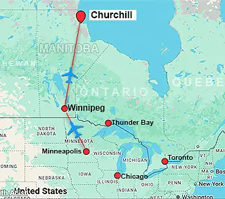 Map showing charter flight routes from Minneapolis to Churchill Manitoba